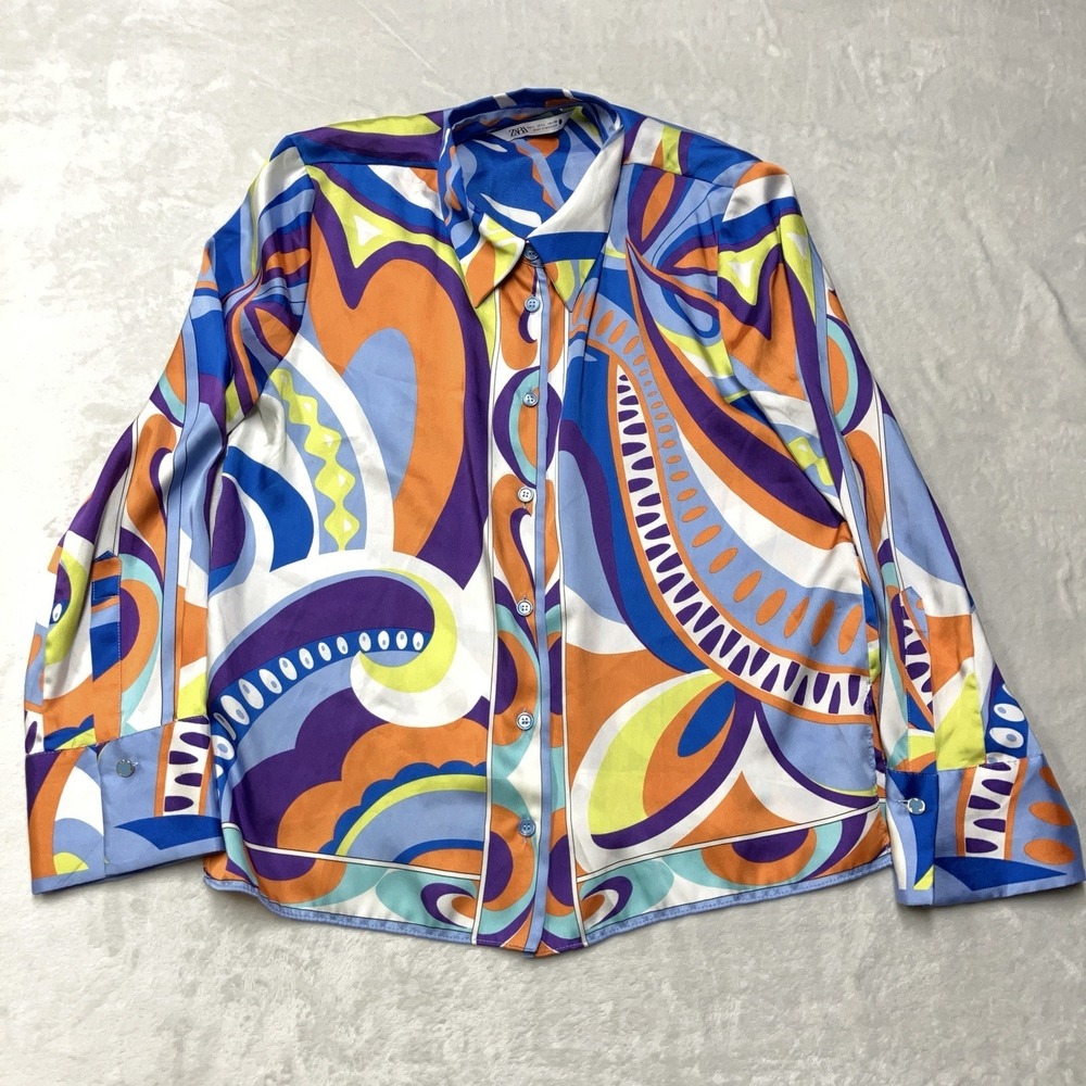Zara Colorful Geometric Abstract Satin Blouse Womens Large 70s Retro Mod